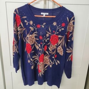 NWT Emily Daniels Sweater Floral w/Rhinestones size PXL 3/4 sleeves